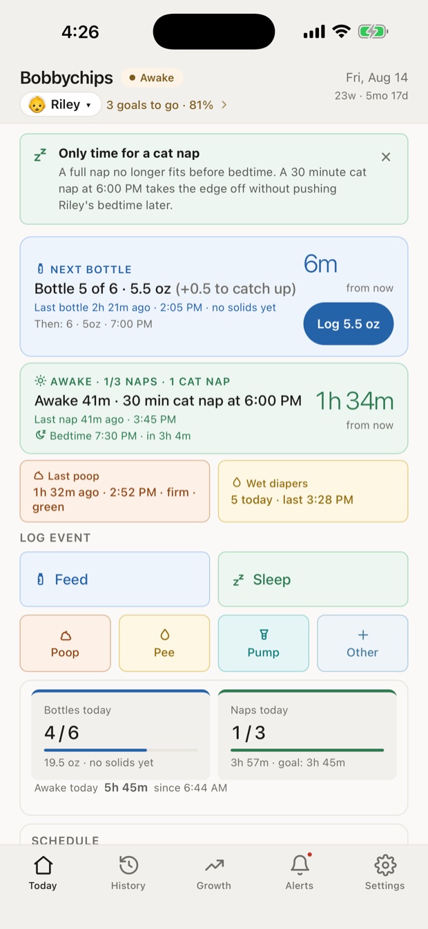 The Today tab explaining that a full nap no longer fits, and offering a shorter cat nap instead.