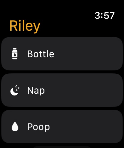 The Bobbychips Apple Watch app listing Bottle, Nap and Poop as one tap actions.